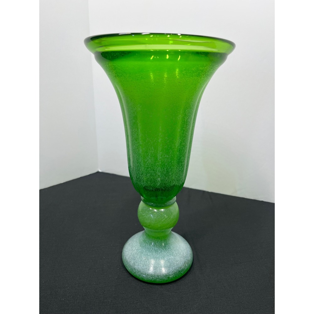 Italian Scavo Glass Vase Green Pedestal Flared Rim Hand Blown Unmarked
